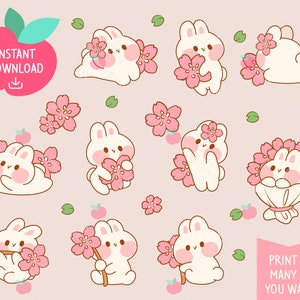 Süße Kawaii druckbare digitale Aufkleber Clipart Regenbogen rosa Sakura Hase Kaninchen, Frühling, druckbare Sticker, PNG, kommerziell