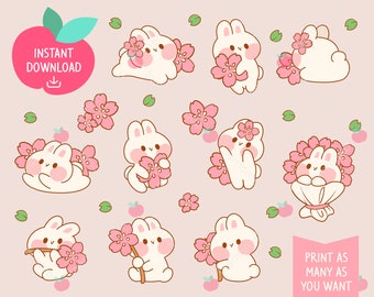 Cute Kawaii Printable Digital Stickers Clipart Rainbow Pink Sakura Bunny Rabbit, Spring, Printable Planner Stickers, PNG, Commercial