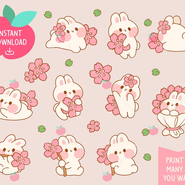 Süße Kawaii druckbare digitale Aufkleber Clipart Regenbogen rosa Sakura Bunny Rabbit, Frühling, druckbare Planner Aufkleber, PNG, kommerziell