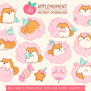 Süße Kawaii druckbare digitale Aufkleber Clipart Illustration Zuckerwatte Süßigkeiten Shiba Inu, PNG, kommerziell