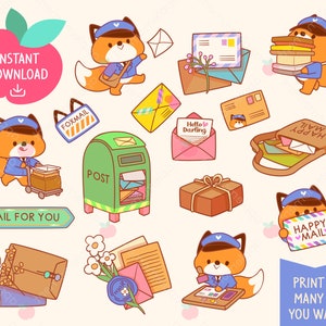 Lindas pegatinas digitales imprimibles Kawaii Clipart Fox el cartero, paquete y correo feliz, pegatinas de planificador imprimibles, PNG, comercial