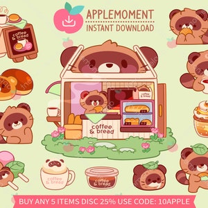 Süße Kawaii druckbare digitale Aufkleber Clipart Illustration Tanuki Waschbär Kaffee und Brot Laden, PNG, kommerziell