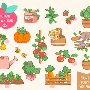 Cute Kawaii Printable Digital Stickers Clipart Rainbow Garden, Fruits and Vegetable, Printable Planner Stickers, PNG, Commercial