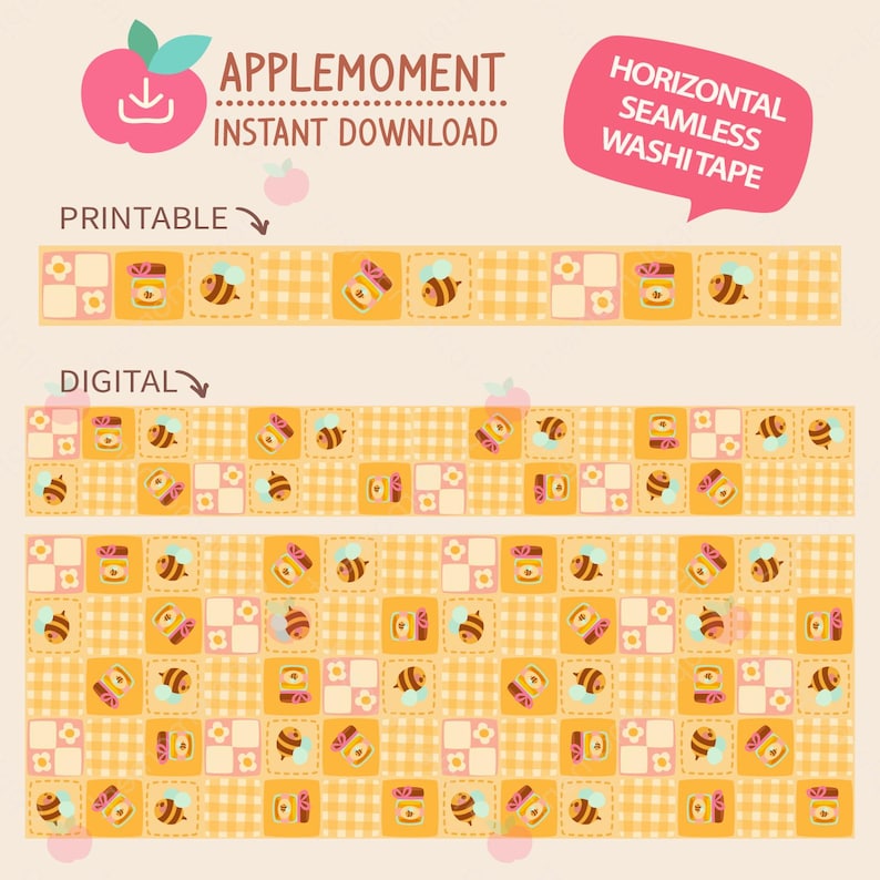May include: Digital and printable washi tape designs featuring a bee and honey theme. The tape has a yellow gingham background with alternating squares of bees, honey pots, and floral patterns. The text "APPLEMOENT INSTANT DOWNLOAD" and "HORIZONTAL SEAMLESS WASHI TAPE" are visible.