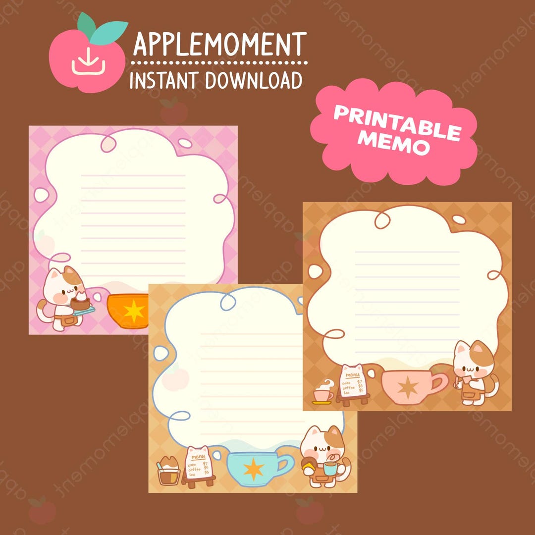Cute Kawaii Printable Digital Stationery, Cat Animal Memo Pad Notepaper ...