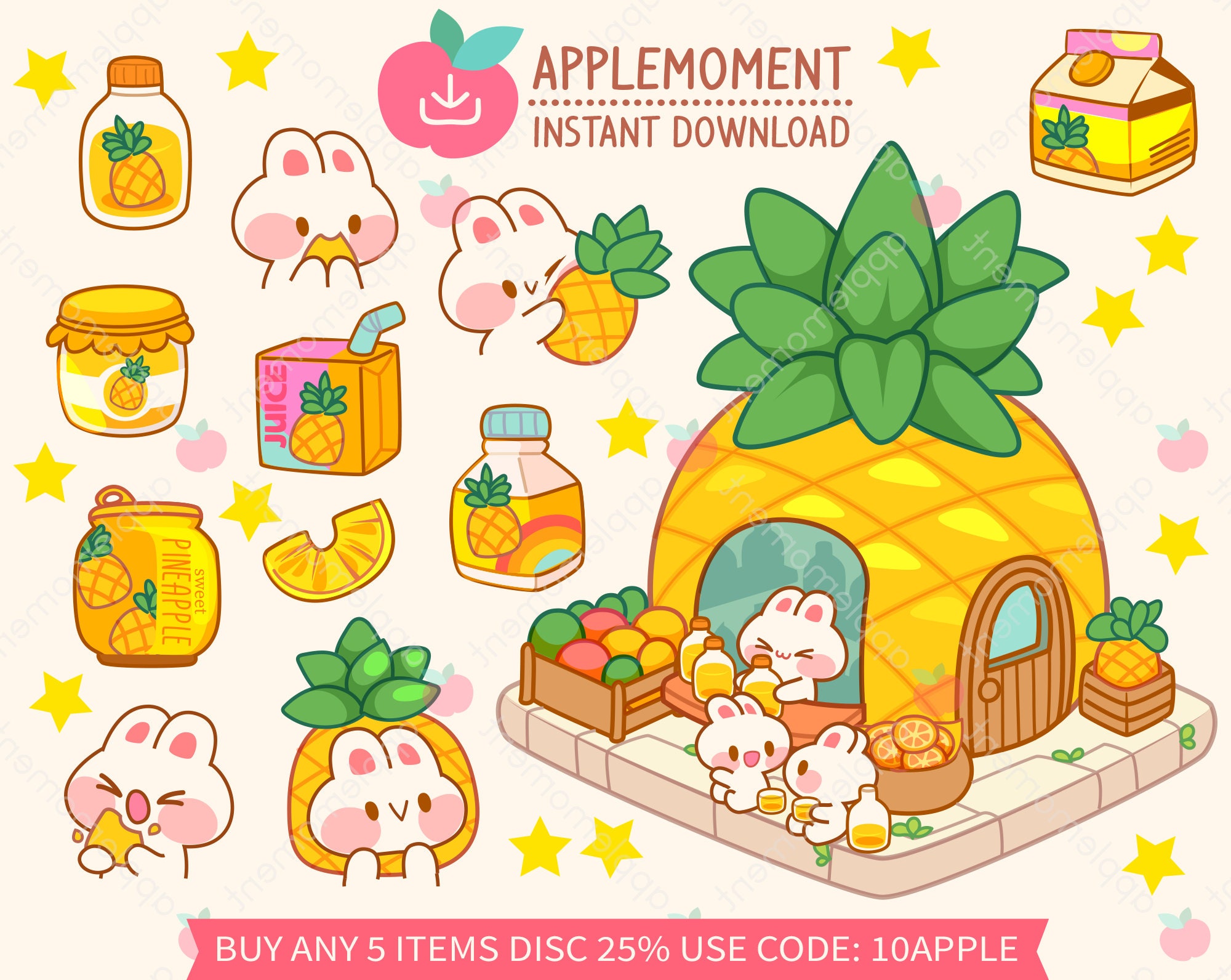 Cute Kawaii Printable Digital Stickers Clipart Illustration Bunny