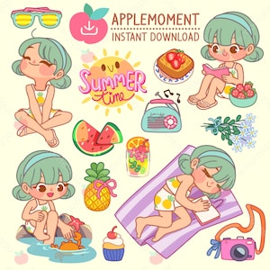 Clipart di adesivi digitali stampabili Kawaii carino, ragazza vacanze estive, PNG, commerciale