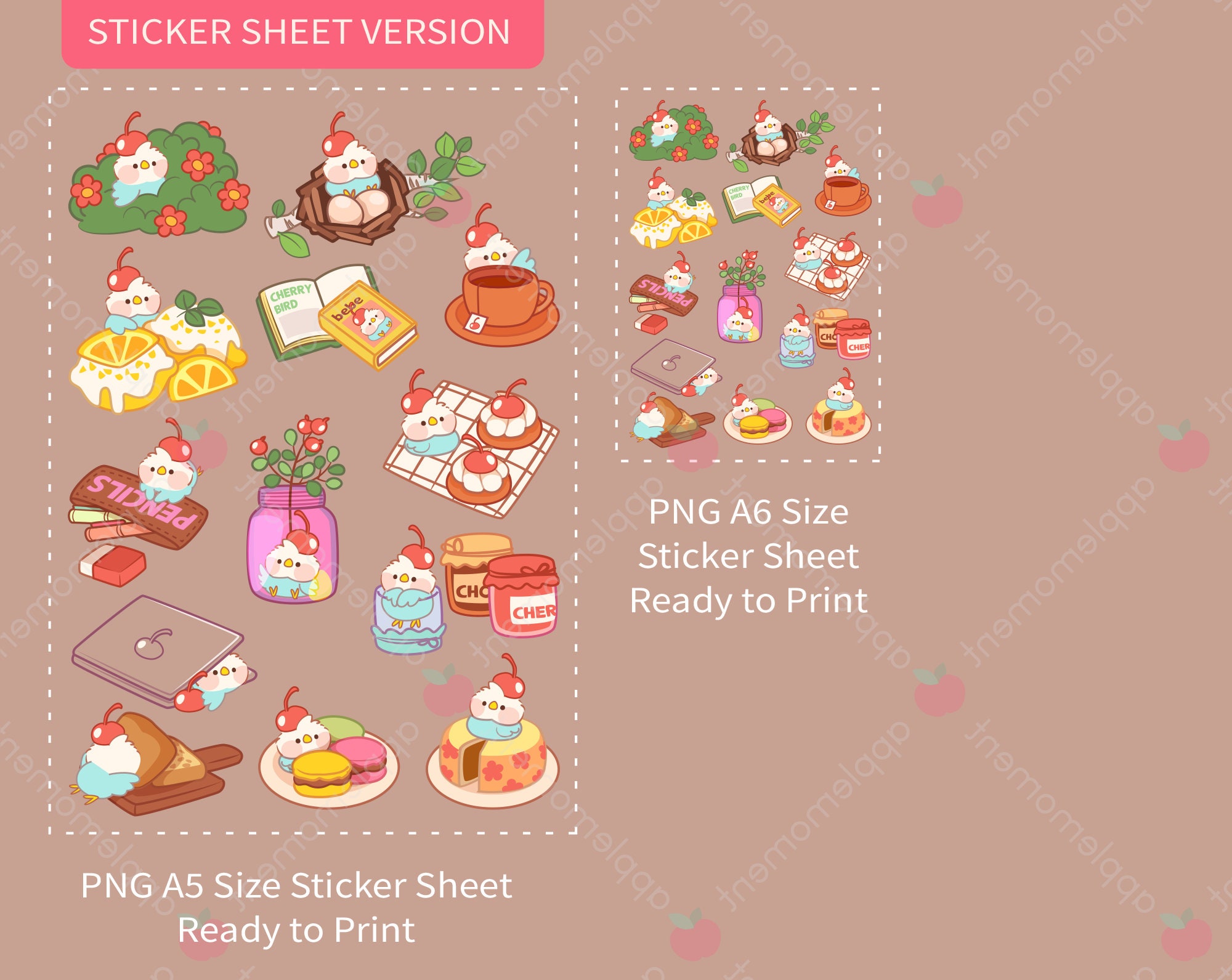 Cute Kawaii Printable Digital Stickers Clipart Illustration Cherry Baby ...