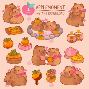 Carino Kawaii stampabile adesivi digitali Clipart animale Cappy coppia, PNG, commerciale