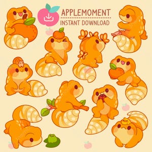 Stickers numériques imprimables kawaii mignons Clipart animal Gecko orange, PNG, commercial