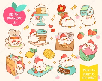 Cute Kawaii Printable Digital Stickers Clipart Chicken, Daily Morning Routine Cottagecore, Printable Planner Stickers, PNG, Commercial