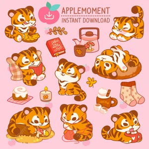Süße Kawaii druckbare digitale Aufkleber Clipart Tiere gemütlich und warm Herbst Tiger, PNG, kommerzielle