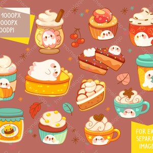 Cute Kawaii Printable Digital Stickers Clipart Autumn Fall Ghost Drinks and Dessert, Printable Planner Stickers, PNG, Commercial image 2