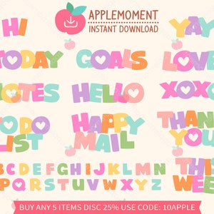 Puede incluir: Un conjunto de letras, palabras y frases del alfabeto dibujadas a mano, en colores vivos, que incluyen "Hi", "Today", "Goals", "Love", "Notes", "Hello", "XOXO", "To Do List", "Happy Mail", "Thank You", "This Week" y "Yay". Las letras y las palabras están en una variedad de colores pastel, incluyendo rosa, azul, verde, amarillo y naranja. El fondo es de color melocotón claro.
