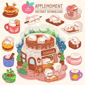 Carino Kawaii stampabile adesivi digitali Clipart Hot Chocolate Marshmallow Shop, PNG, Commerciale
