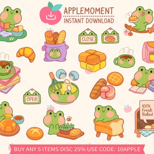 Cute Kawaii Printable Digital Stickers Clipart Daily Life of a Frog and Bread, PNG, Goodnotes, Commercial