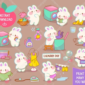 Cute Kawaii Printable Digital Stickers Clipart Rainbow Bunny Rabbit, Laundry Wash Day, Printable Planner Stickers, PNG, Commercial