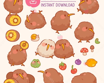 Kawaii Braun Kiwi Clipart Aufkleber, kommerzielle PNG (digitaler Download)