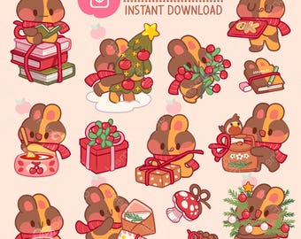 Kawaii kersthaas clipartstickers, winter png (digitale download)