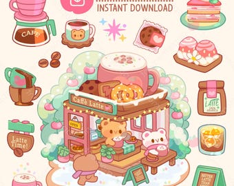May include: A digital illustration set featuring a cafe scene with bear characters, coffee drinks, pastries, and signs. Text includes APPLE MOMENT INSTANT DOWNLOAD, CAFE, Caffe Latte, OPEN, Latte Time, and BETTER LATTE THAN NEVER. The colour palette is pastel pink, brown, and green.