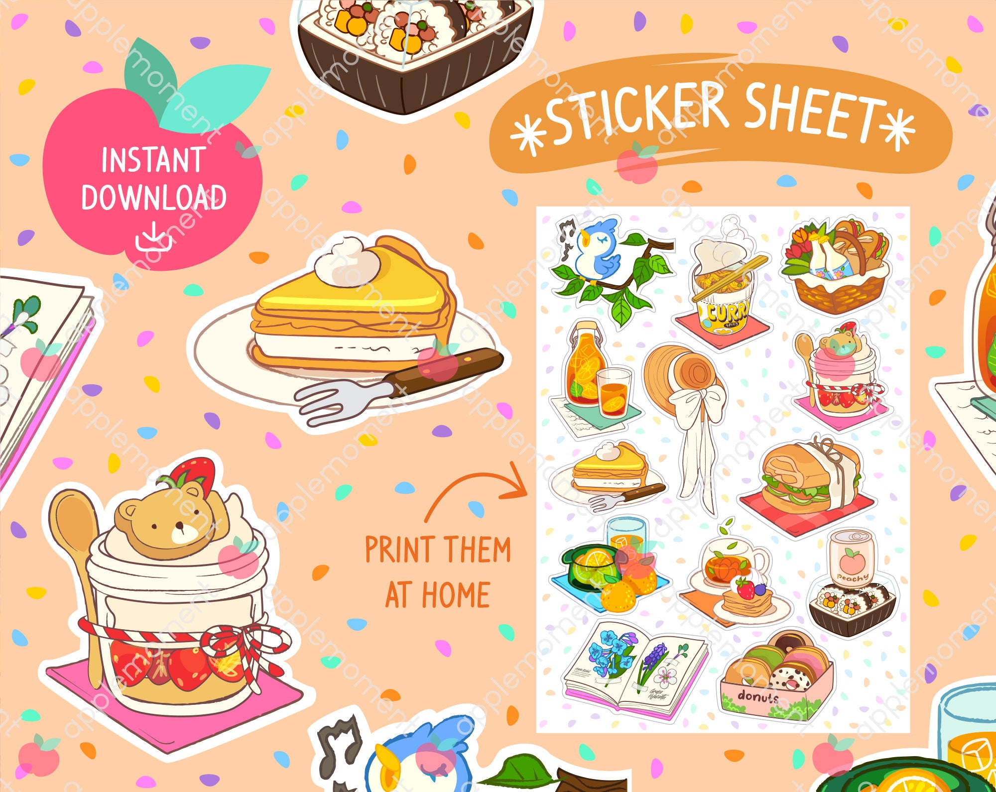 Set of 12 Cute Kawaii Food Stickers 2 Size Taco Donut Fries