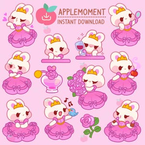 Süße Kawaii druckbare digitale Aufkleber Clipart rosa Prinzessin Bunny, PNG, kommerzielle