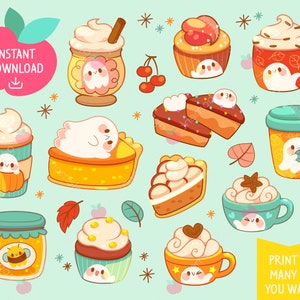 Cute Kawaii Printable Digital Stickers Clipart Autumn Fall Ghost Drinks and Dessert, Printable Planner Stickers, PNG, Commercial image 1