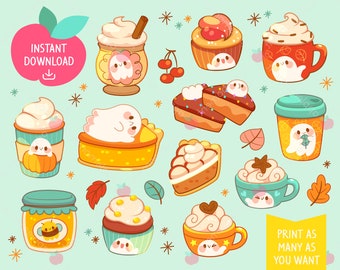 Cute Kawaii Printable Digital Stickers Clipart Autumn Fall Ghost Drinks and Dessert, Printable Planner Stickers, PNG, Commercial