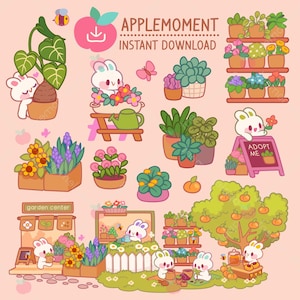 Cute Kawaii Printable Digital Stickers Clipart, White Bunny Gardening Theme, PNG Files, Commercial Use