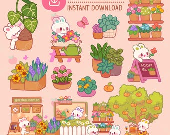 Kawaii Bunny Gardening Clipart Stickers, PNG Files (Digital Download)