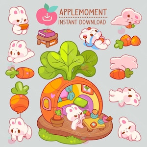 May include: A collection of cartoon illustrations featuring white bunnies with pink accents, carrots, and a carrot-shaped house. The image includes the text "APPLE MOMENT INSTANT DOWNLOAD" and a pink apple icon.