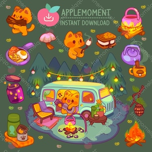 Süße Kawaii druckbare digitale Aufkleber Clipart Tiere Camping Katze, PNG, kommerziell
