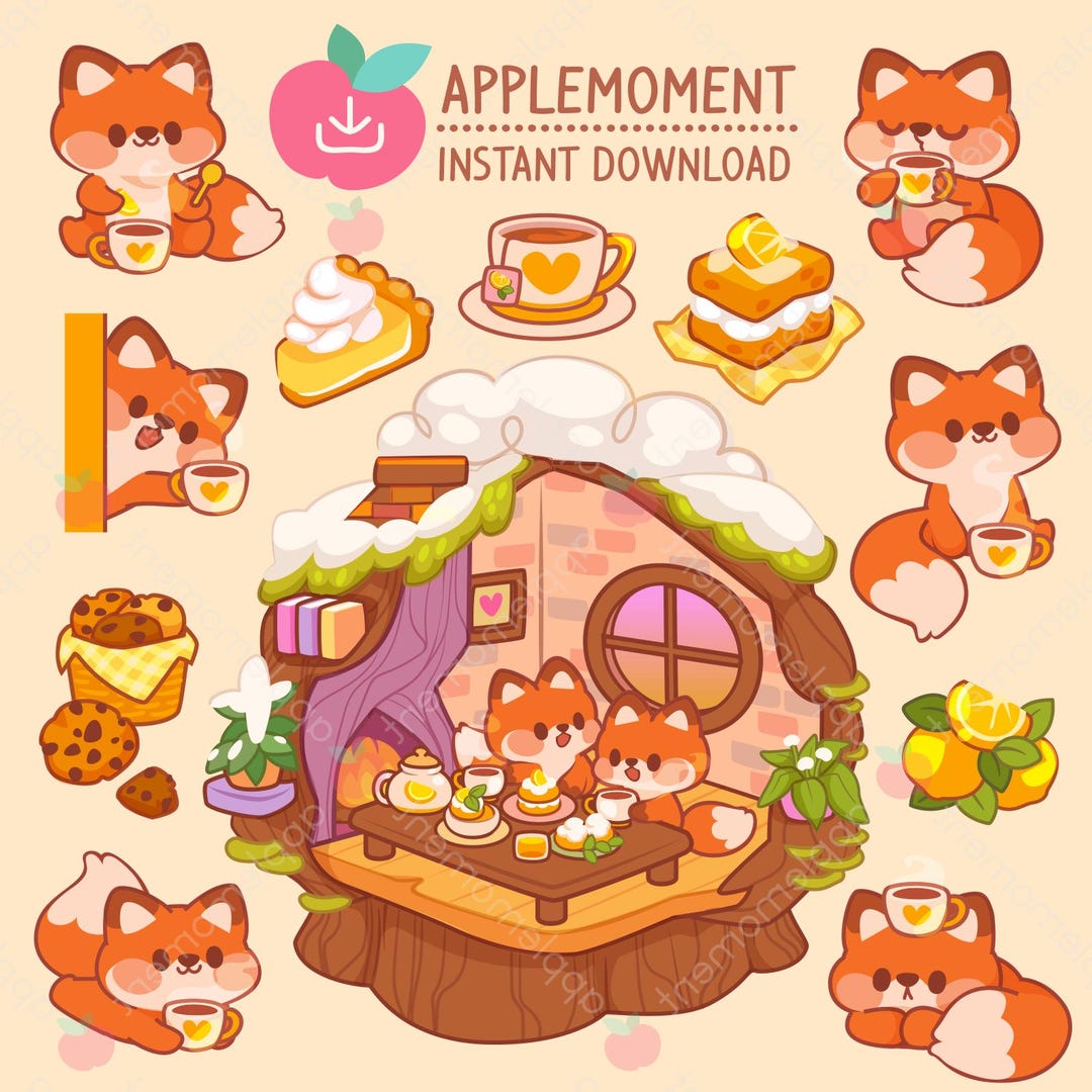 Kawaii Fox Clipart Stickers, Lemon Tea Party (PNG Digital Download