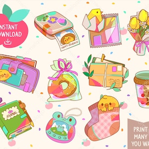 Puede incluir: Un conjunto de diez pegatinas digitales coloridas con varias ilustraciones lindas, que incluyen una dona, un p&aacute;jaro, un diario, un calcet&iacute;n, una rana, una taza de t&eacute; de boba, un ramo de flores, una billetera, una carta y un marco de fotos. Las pegatinas son perfectas para agregar un toque de fantas&iacute;a a los planificadores digitales, las notas y otras creaciones digitales.