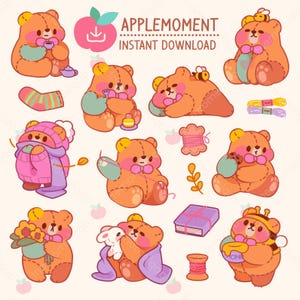 Pode incluir: Ilustrações de ursinhos de pelúcia laranja com detalhes rosa em várias poses e com acessórios como uma abelha, flores e uma xícara de chá. O texto "APPLE MOMENT INSTANT DOWNLOAD" também está presente.