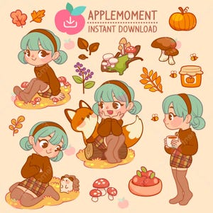 Niedliches Kawaii druckbare digitale Aufkleber Clipart Mädchen spielen im Herbstwald, PNG, kommerziell