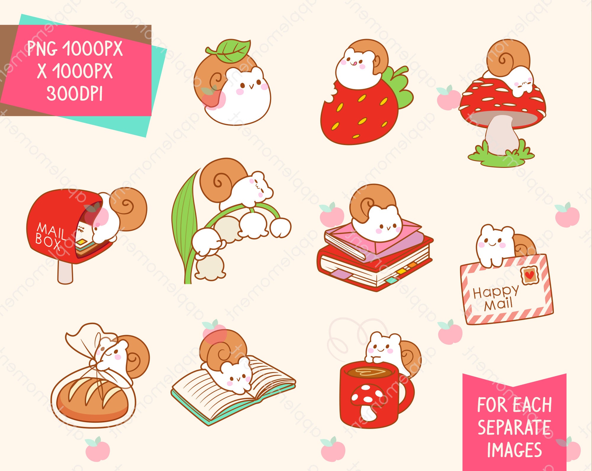 Cute Kawaii Printable Digital Stickers Clipart Red Rainbow Snail Mail ...