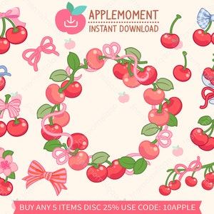 Süße Kawaii druckbare digitale Aufkleber Clipart Illustration Kirsche Schleife, PNG, kommerziell