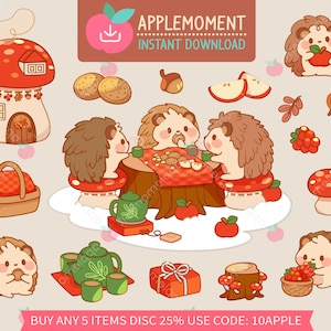 Niedliche Kawaii druckbare digitale Aufkleber Clipart Tier Igel mit einer Teeparty, Waldleben, druckbare Planner Aufkleber, PNG, kommerziell