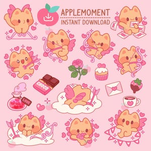 Stickers numériques imprimables Kawaii mignon Clipart Cupidon Kitty Cat, PNG, Commercial