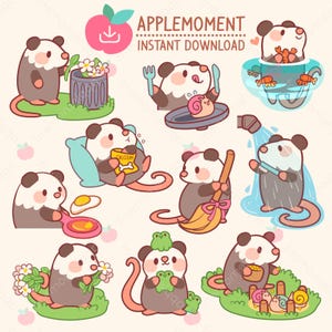 Stickers numériques imprimables kawaii mignons Clipart animaux Opossum vie quotidienne, PNG, commercial