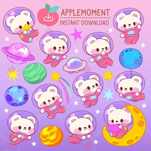 Lindos adhesivos digitales imprimibles kawaii, clipart de animales, astronauta, espacio, oso polar, PNG, comercial