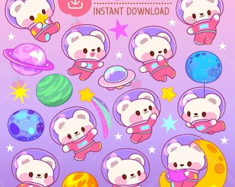 Kawaii Astronaut Eisbär Clipart Aufkleber, Weltraum Tiere PNG (digitaler Download)