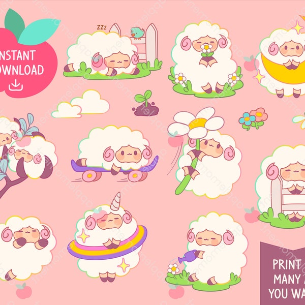 Cute Kawaii Printable Digital Stickers Clipart Daily Rainbow Sheep Lamb, Cotton and Dream, Printable Planner Stickers, PNG, Commercial