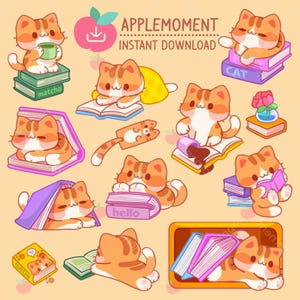 Süße Kawaii druckbare digitale Aufkleber Clipart Tier Bücherwurm Kitty Katze, PNG, kommerziell