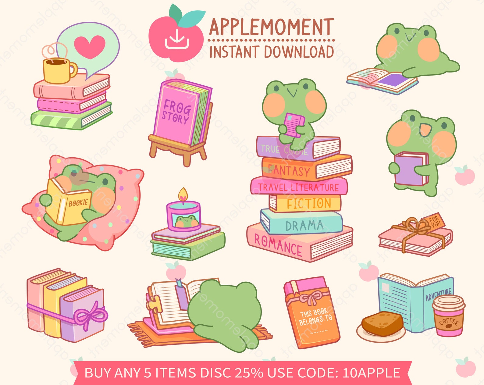 Cute Kawaii Printable Digital Stickers Clipart Animal Bookish Frog Cozy ...