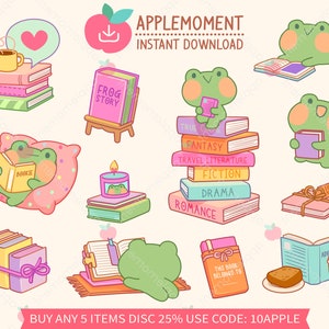 Süße Kawaii druckbare digitale Aufkleber Clipart Tier Bücherwurm Frosch gemütlich Hygge Alltag, PNG, Goodnotes, kommerziell