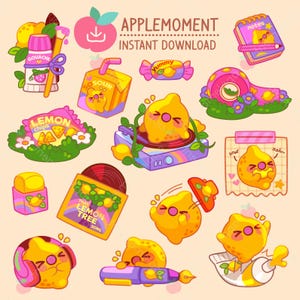 Cute Kawaii Printable Digital Stickers Sour Lemon, PNG, Commercial