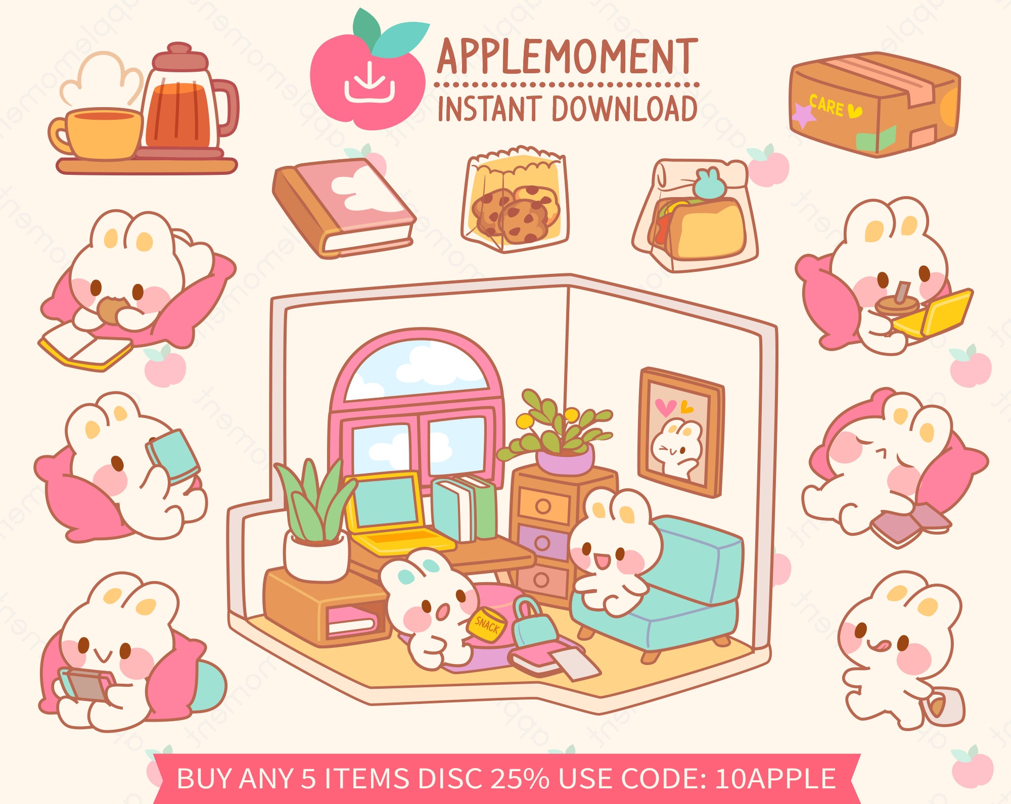 Cute Kawaii Printable Digital Stickers Clipart Illustration Bunny ...