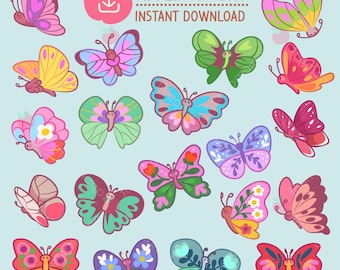 Kawaii Schmetterling Aufkleber, Clipart (PNG, Digital Download